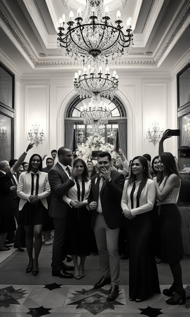 prestigious VIP party, vibrant energy, posing for photos, photorealistic, luxurious mansion interior, highly detailed, elegant decor and art pieces, 105mm lens, chic monochrome palette, flash photography lighting, shot with a DSLR camera.