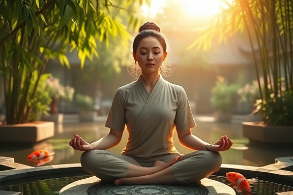 grand luxury homes, peaceful expression, meditating, photorealistic, seated in a zen garden with koi ponds, highly detailed, sunlight filtering through bamboo leaves, 40mm lens, jade, soft dawn lighting, shot with a Olympus OM-D E-M1 Mark III.