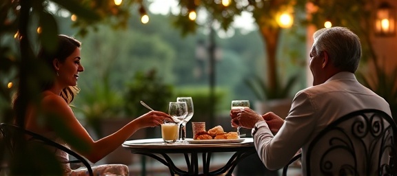 fine elegant dining, a romantic ambiance, couple sharing dessert, photorealistic, secluded garden patio with wrought iron furniture, highly detailed, leaves rustling gently, macro close-up, pastel pinks and greens, twilight illumination, shot with a 100mm macro lens.