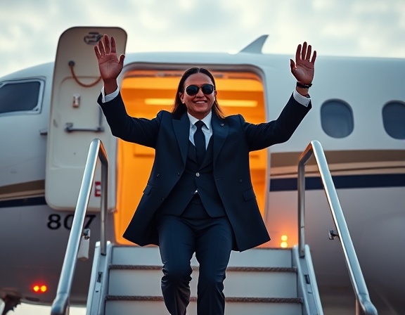 iconic luxury fashion, triumphant expression, waving, photorealistic, from the steps of a private jet, highly detailed, runway lights flashing, 85mm lens, chic navy, backlit lighting, shot with a Nikon Z7 II.