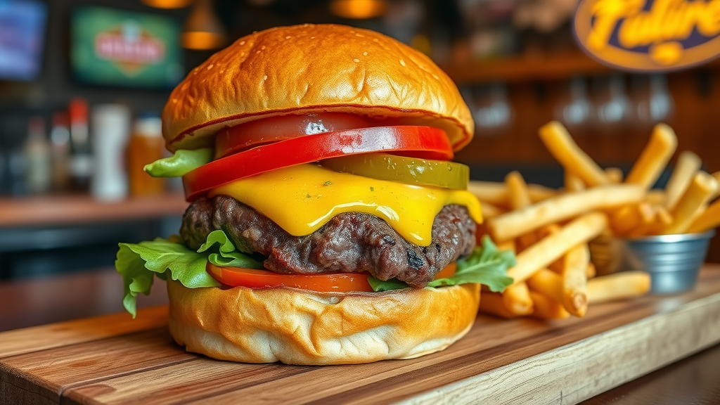 Juicy beef hamburger with cheese and fries in inviting bar setting