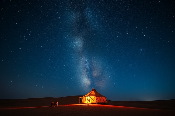 celestial luxury travel, contemplative expression, stargazing, photorealistic, at a luxury desert camp under the Milky Way, highly detailed, shooting stars crossing the sky, 50mm lens, midnight blue, moonlit lighting, shot with a Sony A7 III.