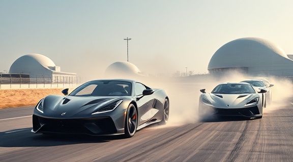futuristic luxury cars, focused expression, test driving, photorealistic, on a high-tech racetrack with futuristic domes, highly detailed, dust clouds trailing behind, 28mm lens, chrome, mid-day lighting, shot with a Panasonic Lumix S1R.