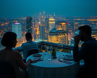 extravagant dining, exquisite, enjoying a gourmet meal at a rooftop restaurant, photorealistic, overlooking a bustling cityscape at night, highly detailed, flickering city lights below, fine grain texture, deep blue and gold tones, ambient lighting, shot with a prime lens.