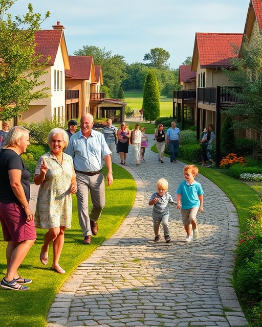 exclusive golf community, welcoming smiles, residents mingling, photorealistic, cobblestone paths with beautiful landscaping, highly detailed, children playing in the background, wide-angle view, lush greens and pastels, gentle morning light, shot with a 35mm lens.