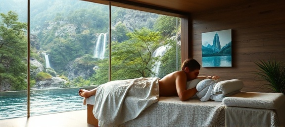 lavish spa, serene, indulging in a rejuvenating massage, photorealistic, nestled in a tranquil mountain retreat, highly detailed, with a gentle waterfall audible in the distance, fine detail rendering, earth tones and aqua hues, natural daylight filtering through foliage, shot with a wide-angle lens.
