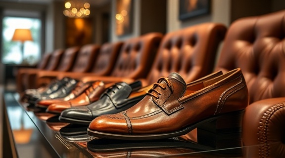 distinctive luxury fashion, dynamic, featuring an elegant shoe collection, photorealistic, in a stylish showroom with richly upholstered chairs, highly detailed, leather shine, f/3.2, mahogany brown, spotlight illumination, shot with a Tamron SP 85mm f/1.8 Di VC USD