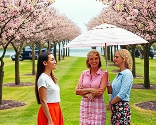 sophisticated golf lifestyle, cheerful expressions, friends posing on the course, photorealistic, flowering trees lining pathways, highly detailed, soft chatter and laughter, medium shot, pastel pinks and greens, bright and sunny, shot with a 35mm lens.