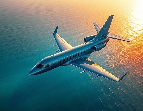 jet luxury, elegant, soaring over the coastline, photorealistic, shimmering azure ocean waves beneath a glossy fuselage, highly detailed, vapor trails forming elegant arcs in the sky, ultra-high-definition textures, metallic blue, golden hour lighting, shot with a long-focus lens