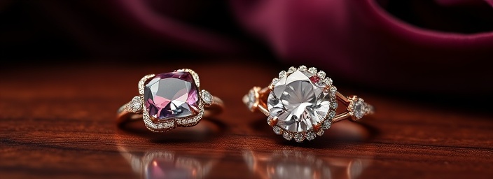 exquisite luxury goods, mesmerizing, featuring artisanal jewelry craftsmanship, photorealistic, on a polished mahogany surface with velvet backdrops, highly detailed, gemstones gleaming, macro shot, rose gold, studio lighting, shot with a Leica APO-Summicron-M 90mm f/2 ASPH