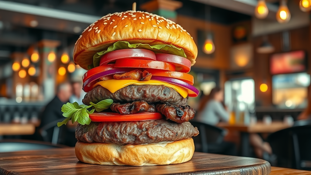 Classic juicy hamburger in American bar with vibrant fresh toppings