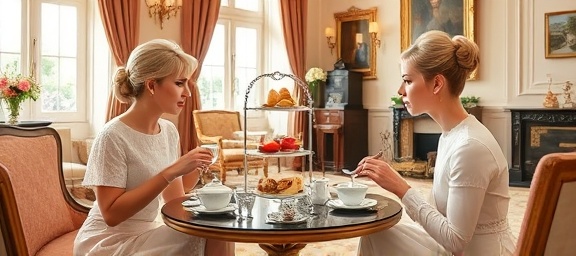 sophisticated high tea, charming, savoring a selection of teas and pastries, photorealistic, within a classic, richly decorated drawing room, highly detailed, ornate silverware and floral accents, ultra-crisp detail, pastel and cream shades, morning light entering through tall windows, shot with a standard lens.