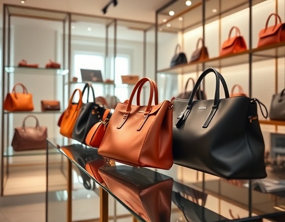 sophisticated luxury retail, inviting, presenting a collection of high-end handbags, photorealistic, inside a bright and modern boutique with glass displays, highly detailed, subtle reflections, f/4, soft leather hues, diffused lighting, shot with a Canon EF 50mm f/1.2L