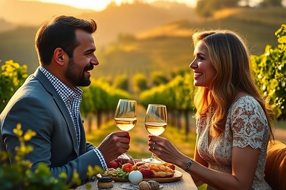 lavish luxury lifestyle, captivating, capturing an affluent couple at a vineyard picnic, photorealistic, in the midst of lush green vines and rolling hills, highly detailed, wine glasses glinting, f/5.6, earthy tones, sunset lighting, shot with a Sony FE 135mm f/1.8 GM
