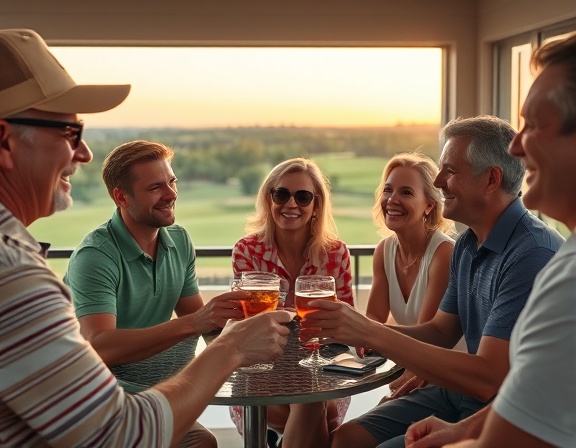 upscale golf lifestyle, relaxed expressions, group socializing after a round, photorealistic, elegant clubhouse overlooking course, highly detailed, drinks clinking with laughter, shallow depth of field, soft pastel tones, warm sunset lighting, shot with an 85mm lens.