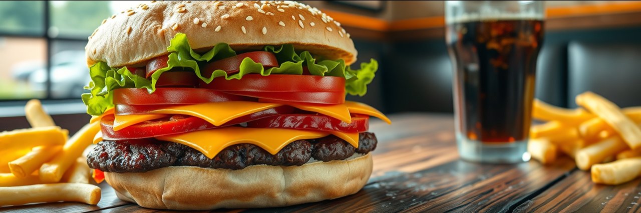 Juicy hamburger with fries and cola on rustic wood table in natural sunlight.