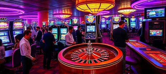 bustling casino games, energetic, players gathering around roulette, photorealistic, vibrant game floor with neon lights and mirrors, highly detailed, flowing motion of spinning roulette, sharp focus, bright colors, spotlight illumination, shot with a 24mm lens.