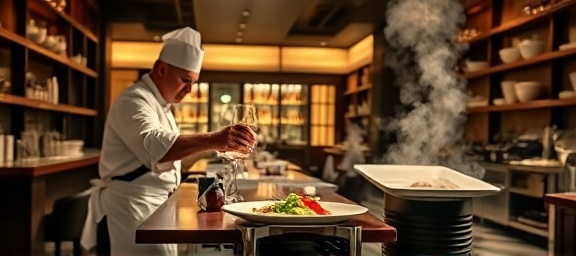 gourmet fine dining, an air of exclusivity, a chef presenting a dish, photorealistic, open-view kitchen with modern decor, highly detailed, steam swirling from hot plates, high dynamic range, rich burgundy and metallic tones, spotlight focus, shot with a 35mm lens.