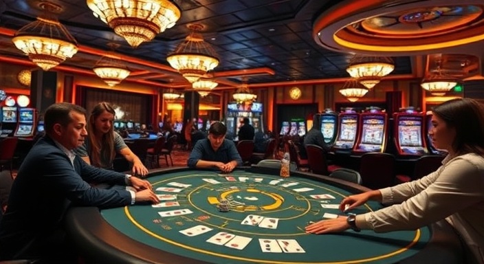 opulent casino nightlife, captivating, vibrant blackjack table action, photorealistic, expansive floor with multi-tonal decorative features, highly detailed, dynamic interaction between players and cards, intense clarity, striking contrasts, low key lighting, shot with a 28mm lens.