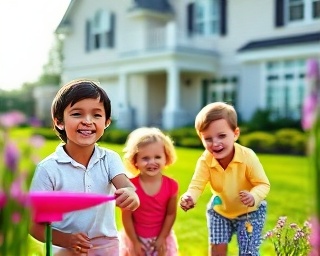 exclusive golf home community, engaging smile, kids playing in yard, photorealistic, beautiful gardens with blooming flowers, highly detailed, gentle winds cooling, depth of field highlighting movement, warm natural tones, soft afternoon light, shot with a 24mm lens.