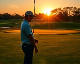 charming golf course, contemplative gesture, golfer studying terrain, photorealistic, sunset casting long shadows on the green, highly detailed, flag swaying gently, close-up, deep earth tones, diffused sunset glow, shot with a 70-200mm lens.