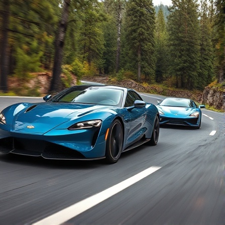 sleek luxury cars, exhilarated expression, racing, photorealistic, zooming through a winding mountain road surrounded by pine forests, highly detailed, leaves fluttering in the breeze, 35mm lens, metallic blue, natural lighting, shot with a Sony Alpha 7R IV.
