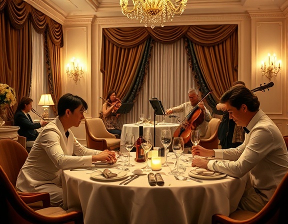upscale elegant dining, a sense of luxury, a couple enjoying a gourmet meal, photorealistic, dining room with velvet drapery and gold accents, highly detailed, live string quartet playing, ultra-high-definition, creamy whites and gold hues, candlelit glow, shot with a 85mm lens.