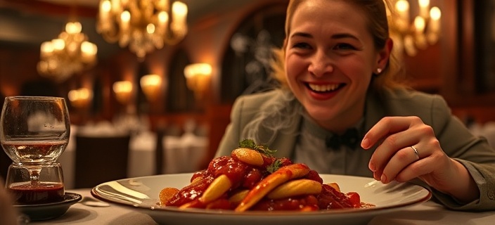decadent luxury foods, delighted expression, savoring, photorealistic, at a Michelin-starred restaurant with chandeliers, highly detailed, steam wafting from the dish, 50mm lens, rich crimson, candlelit lighting, shot with a Leica M10-R.