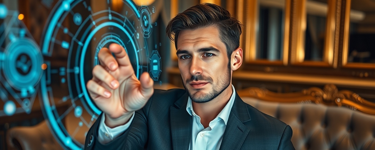 sophisticated luxury connect, confident expression, touching a high-tech holographic interface, photorealistic, in a luxurious living room with velvet couches and golden accents, highly detailed, swirling digital data streams, ultra-high resolution, shimmering gold and silver tones, low key lighting, shot with a 50mm prime lens.