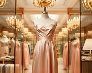 luxury fashion, sophisticated, showcasing a designer dress in a high-end boutique, photorealistic, surrounded by opulent decor and mirrors reflecting light, highly detailed, silk and satin textures, ultra-sharp resolution, champagne and blush palette, diffused spotlight, shot with a macro lens.