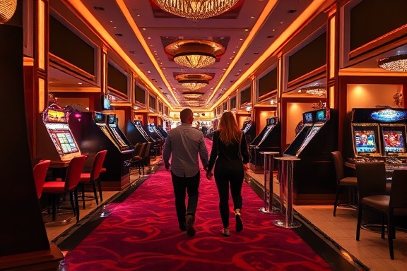 stylish casino luxury, impressive, couples strolling through aisles, photorealistic, modern elegance with velvet carpets and marble finishes, highly detailed, soft whispers of conversation, refined clarity, deep reds and purples, ambient lighting, shot with a 50mm lens.