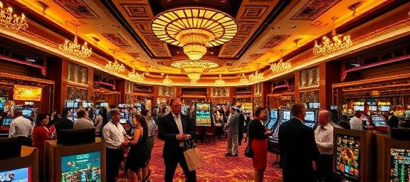 glamorous casino atmosphere, thrilling, dealers interacting with guests, photorealistic, opulent hall with grand motifs and high ceilings, highly detailed, crowds animatedly engaging in games, high dynamic range, rich hues, soft glimmers, shot with an 85mm lens.