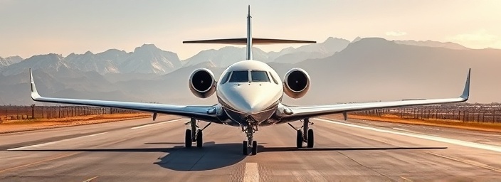luxury jet on runway, poised, ready for takeoff, photorealistic, expansive runway with towering mountains in the distance, highly detailed, heat distortions from the engines, hyper-realistic shadows, polished silver and white, noon sunlight, shot with a standard lens