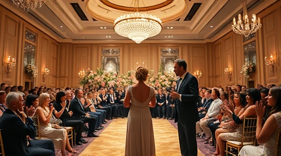 exclusive VIP gala, refined poise, presenting awards, photorealistic, elegant hall adorned with floral arrangements, highly detailed, dramatic staging and applauding crowd, 200mm lens, creamy pastels, spotlight lighting, shot with a medium format camera.