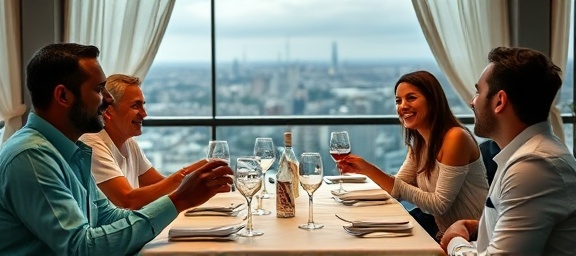 exclusive upscale dining, a feeling of privilege, friends laughing and toasting, photorealistic, rooftop restaurant with cityscape view, highly detailed, gentle breeze swaying curtains, full-frame precision, turquoise and ivory, fairy lights twinkling, shot with a 70-200mm lens.
