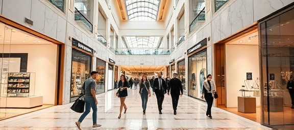 extravagant shopping, delighted, browsing luxury brands in a posh mall, photorealistic, amidst elegant marble and glass architecture, highly detailed, shoppers strolling elegantly around, supreme pixel clarity, neutral and metallic palette, soft indoor lighting, shot with a zoom lens.