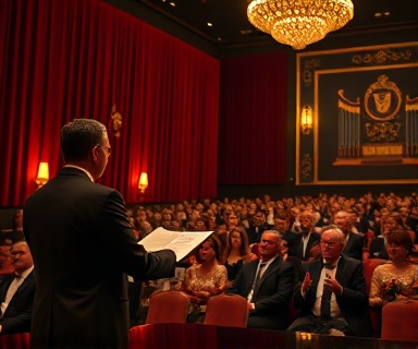 chic VIP gala, sophisticated elegance, delivering a speech, photorealistic, grand auditorium with velvet drapes, highly detailed, attentive audience and applauding, 85mm lens, rich reds and golds, stage lighting, shot with a mirrorless camera.