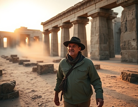 exclusive luxury travel, curious expression, discovering, photorealistic, walking through ancient ruins at dawn, highly detailed, mist rising from the ground, 70mm lens, sandstone, early morning lighting, shot with a Canon EOS R5.