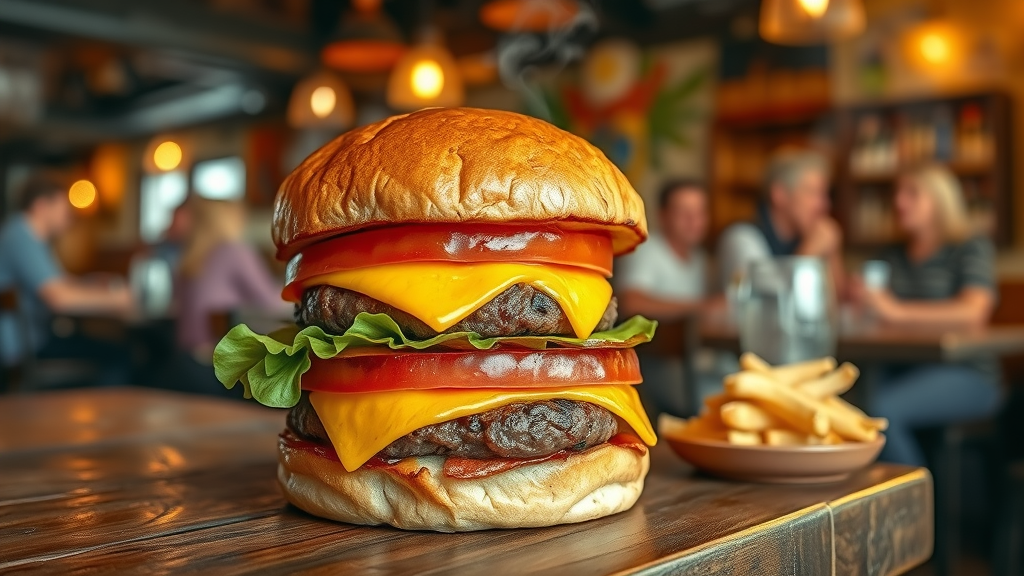 Juicy hamburger with melted cheese and fresh toppings on a rustic table
