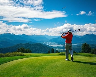 picturesque golf scenery, awe-inspired look, golfer taking swing, photorealistic, dramatic sky over mountains and fairway, highly detailed, birds flying overhead, panoramic view, vivid greens and blues, crisp daylight, shot with a 200mm lens.