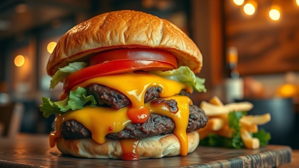 Gourmet juicy hamburger with cheddar and tomato in cozy restaurant