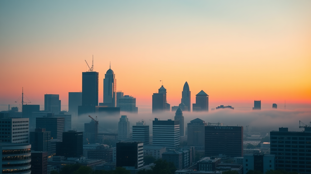 vibrant Kansas City skyline at sunrise showing media sites kansas city digital devices glowing windows