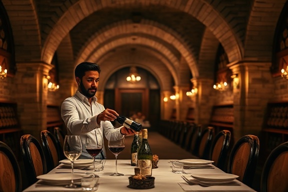exclusive gourmet dining, a timeless grace, sommelier selecting wine, photorealistic, grand cellar with arched ceilings, highly detailed, whispers echoing off stone, ultra-high-definition, deep mahogany and claret, dim candlelight, shot with a 24mm lens.
