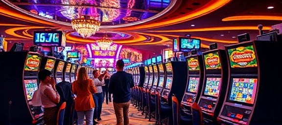 extravagant casino excitement, exhilarating, group cheering at slot machines, photorealistic, contemporary design with electronic displays, highly detailed, vivid animations on slot screens, precise detailing, vivid chromatics, subtle backlighting, shot with a 35mm lens.