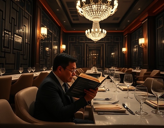 elegant exclusive dining, an aura of glamour, solo diner reading a novel, photorealistic, art-deco styled interior with geometric patterns, highly detailed, pages rustling in indoor breeze, cinematic capture, jet black and platinum, chandelier shimmering, shot with a tilt-shift lens.