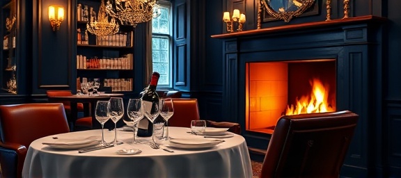 elegant gourmet dining, a classy atmosphere, server pouring wine, photorealistic, fireplace warming a cozy corner with plush seating, highly detailed, fire crackling subtly, high-resolution, royal blue and silver, natural light filtering, shot with a prime lens.