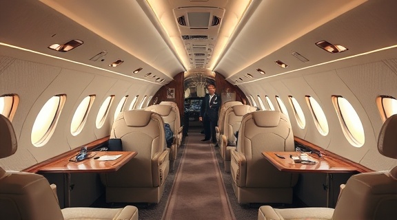 elegant jet interior, ambient, crew preparing for flight, photorealistic, soft plush carpeting complementing ambient overhead lights, highly detailed, fabric textures crisply outlined, extra realistic finish, sumptuous beige, intimate cabin lighting, shot with a macro lens
