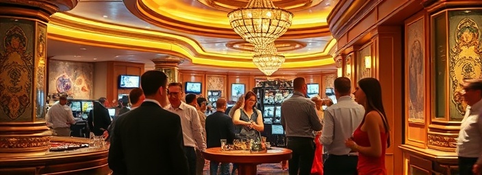 chic casino ambiance, alluring, waitstaff serving drinks to guests, photorealistic, atmospheric setting with artistic installations and wall motifs, highly detailed, seamless movement of social exchanges, ultra high-definition, pastel and gold palette, diffuse lighting, shot with a 70mm lens.