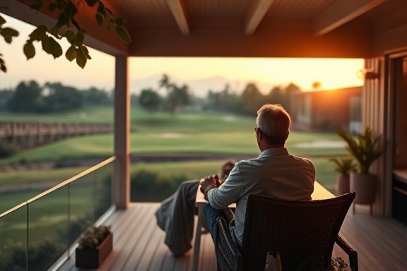 modern golf home, serene vibe, couple enjoying evening, photorealistic, view of the course from veranda, highly detailed, leaves rustling softly, bokeh effect, earthy tones, soft indoor lighting, shot with a 24mm lens.