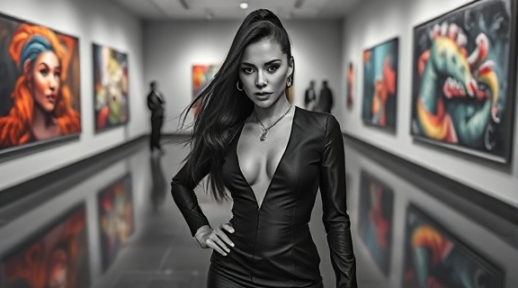 glamorous luxury fashion, fierce expression, posing, photorealistic, against a backdrop of a modern art gallery, highly detailed, vibrant artwork reflecting on polished floors, 100mm lens, monochrome, studio lighting, shot with a Hasselblad X1D II 50C.